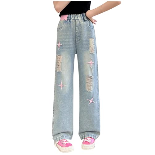 Baggy Jeans Mädchen Weites Bein Schlaghose Lang Jeanshosen Hohe Taille Cargohose Sommer Loch Denim Hosen Locker Punk Gerade Jeanspants Kinder Freizeithose Vintage Waschung Jeans für 3-16 Jahre von Komiseup
