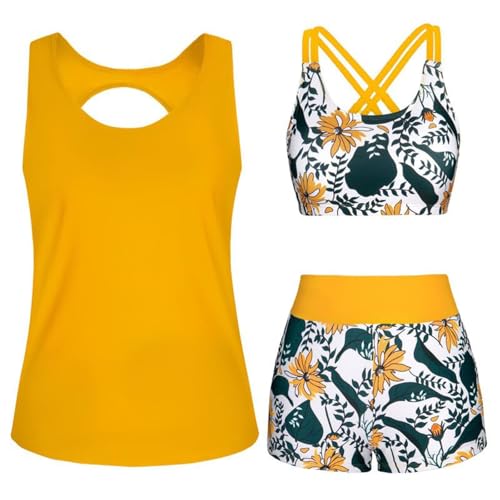 Bikini Damen Set Bauchweg Zweiteilig Badeanzug Große Größen 3 Teilig Push Up Bademode Set Einfarbig Bauch Weg Tankini Oberteile Gepolsterte mit Badeshorts-Sets Hoher Taille Strandmode Schwimmanzug von Komiseup
