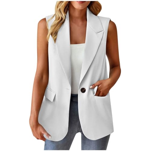 Blazer Damen Ärmellos Weste Sportlich Longblazer Elegant Einfarbig Blazer Jacke Mantel Kurze Gilet Tank Top mit Tasche Locker V-Ausschnitt Anzugweste Slim Fit Business Westen Arbeit Büro Anzug Weste von Komiseup