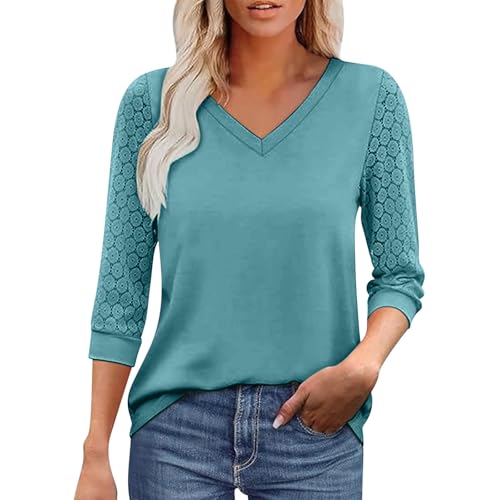 Bluse Damen 3/4 Ärmel Shirt Elegant Spitzenärmel Langarmshirt Sommer Einfarbig Tshirt Spitzennähte Kurzarm T-Shirt Große Größen Rundhals Pullover Spitze Aushöhlen Tunika Tops Locker Oberteile S-XXL von Komiseup