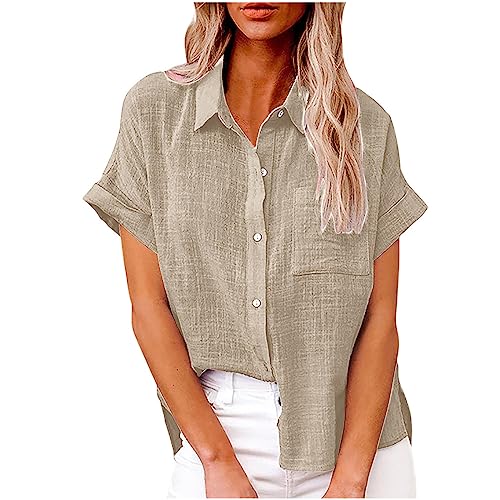 Bluse Damen Baumwolle Leinenbluse Einfarbig Blusenshirt Revers Shirts Kurzarm Tshirt Knöpfe Longbluse Einreihiges Hemd Sommer Tops V-Ausschnitt Hemdbluse Lose Oberteile Übergroße Langarm Damenblusen von Komiseup