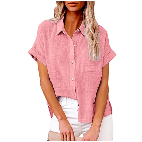 Bluse Damen Baumwolle Leinenbluse Einfarbig Blusenshirt Revers Shirts Kurzarm Tshirt Knöpfe Longbluse Einreihiges Hemd Sommer Tops V-Ausschnitt Hemdbluse Lose Oberteile Übergroße Langarm Damenblusen von Komiseup