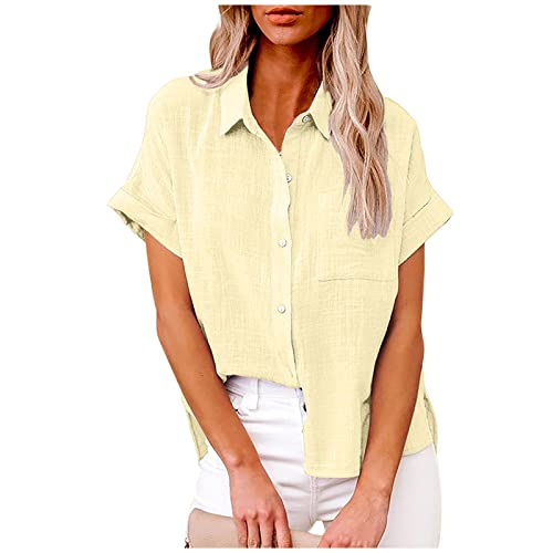 Bluse Damen Baumwolle Leinenbluse Einfarbig Blusenshirt Revers Shirts Kurzarm Tshirt Knöpfe Longbluse Einreihiges Hemd Sommer Tops V-Ausschnitt Hemdbluse Lose Oberteile Übergroße Langarm Damenblusen von Komiseup