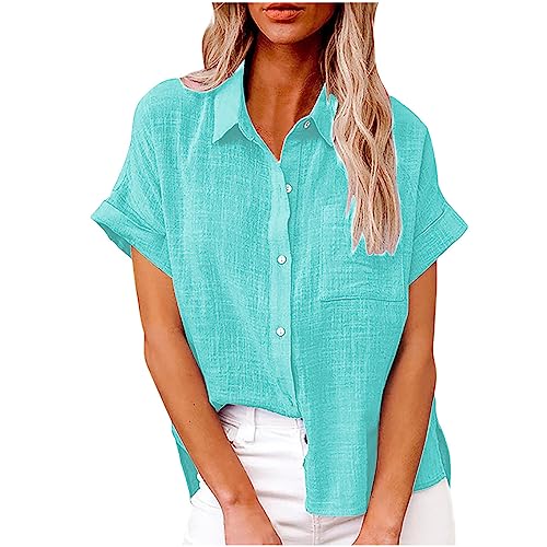 Bluse Damen Baumwolle Leinenbluse Einfarbig Blusenshirt Revers Shirts Kurzarm Tshirt Knöpfe Longbluse Einreihiges Hemd Sommer Tops V-Ausschnitt Hemdbluse Lose Oberteile Übergroße Langarm Damenblusen von Komiseup