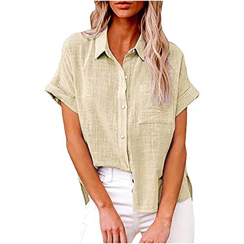 Bluse Damen Baumwolle Leinenbluse Einfarbig Blusenshirt Revers Shirts Kurzarm Tshirt Knöpfe Longbluse Einreihiges Hemd Sommer Tops V-Ausschnitt Hemdbluse Lose Oberteile Übergroße Langarm Damenblusen von Komiseup