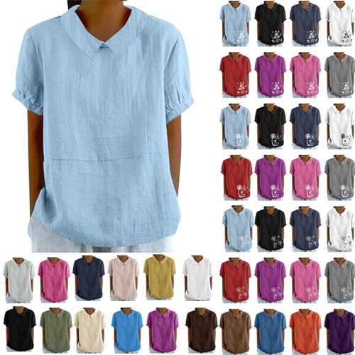 Bluse Damen Baumwolle Leinenbluse Einfarbig Tshirt Oversized Y2K Shirts Sommer Kurzarm Tunika Tops Pusteblume Druck Longbluse Revers Einreihiges Hemd Übergroße Dünne Hemdbluse Locker Sommershirts von Komiseup