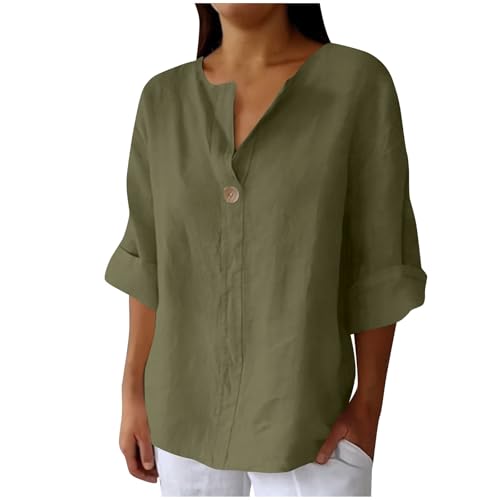 Bluse Damen Baumwolle Leinenbluse Einfarbig Tshirt Oversized Y2K Shirts Sommer Langarm Tunika Tops Knöpfe Longbluse Einreihiges Hemd Dünne Hemdbluse Locker Sommershirts Übergroße Kurzarm Damenblusen von Komiseup
