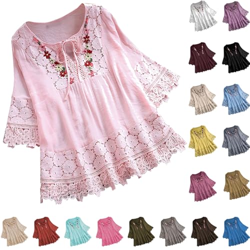 Bluse Damen Baumwolle Leinenbluse Einfarbig Tshirt Oversized Y2K Shirts Sommer Spitzen Tunika Tops Locker Longbluse mit Schnürung und V-Ausschnitt Vintage Blumenstickerei Longshirt Dünne Hemdbluse von Komiseup