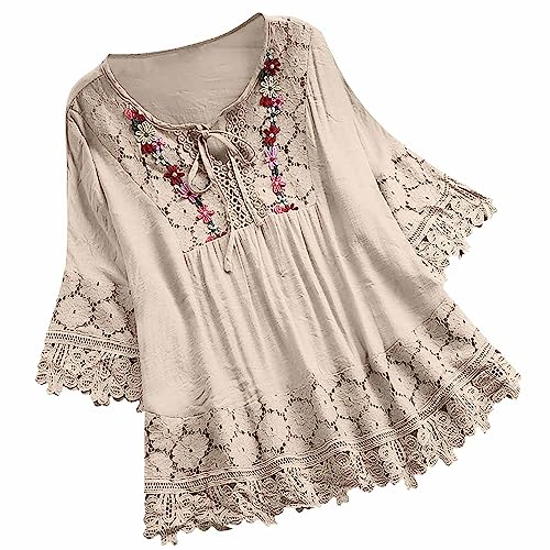 Bluse Damen Baumwolle Leinenbluse Einfarbig Tshirt Oversized Y2K Shirts Sommer Spitzen Tunika Tops Locker Longbluse mit Schnürung und V-Ausschnitt Vintage Blumenstickerei Longshirt Dünne Hemdbluse von Komiseup