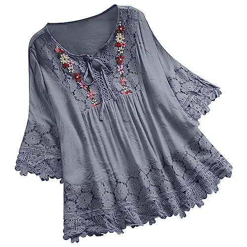Bluse Damen Baumwolle Leinenbluse Einfarbig Tshirt Oversized Y2K Shirts Sommer Spitzen Tunika Tops Locker Longbluse mit Schnürung und V-Ausschnitt Vintage Blumenstickerei Longshirt Dünne Hemdbluse von Komiseup