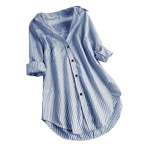 Bluse Damen Button Down Hemden Modisches Gestreiftem Druck Langarmshirt Umlegekragen Langen Ärmeln Oberteile Übergroße Hemdbluse Unregelmäßigem Saum Tunika Tops Plus Size Locker Blusentops S-5XL von Komiseup