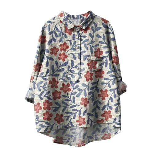Bluse Damen Einfarbig Tshirt Frühlings Langarm Leinenhemd mit Knöpfe Baumwolle Leinenbluse Button Down Shirt Übergroße Longbluse Revers Einreihiges Hemdbluse Musselin Hemd Locker Tunika Tops S-5XL von Komiseup