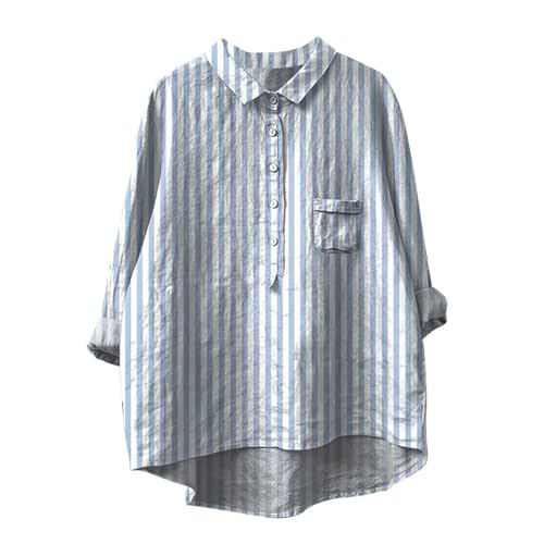 Bluse Damen Einfarbig Tshirt Frühlings Langarm Leinenhemd mit Knöpfe Baumwolle Leinenbluse Button Down Shirt Übergroße Longbluse Revers Einreihiges Hemdbluse Musselin Hemd Locker Tunika Tops S-5XL von Komiseup