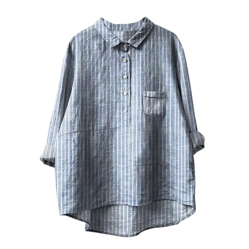 Bluse Damen Einfarbig Tshirt Frühlings Langarm Leinenhemd mit Knöpfe Baumwolle Leinenbluse Button Down Shirt Übergroße Longbluse Revers Einreihiges Hemdbluse Musselin Hemd Locker Tunika Tops S-5XL von Komiseup