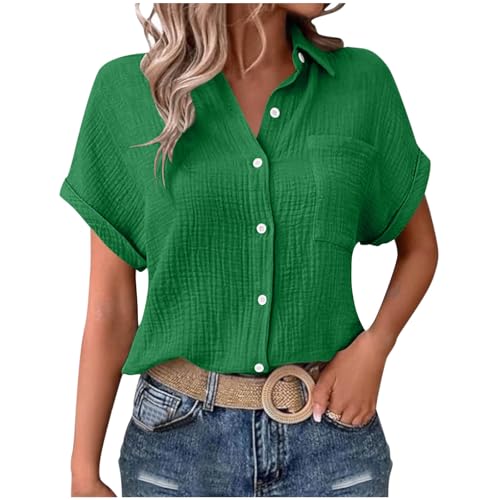 Bluse Damen Elegant Einfarbig Tshirt Sommer Kurzarm Leinenhemd mit Knöpfe Baumwolle Leinenbluse Button Down Shirt Übergroße Longbluse Rever Einreihiges Hemdbluse Musselin Hemd Lose Tunika Tops S-2XL von Komiseup