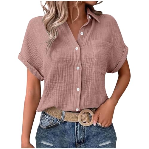 Bluse Damen Elegant Einfarbig Tshirt Sommer Kurzarm Leinenhemd mit Knöpfe Baumwolle Leinenbluse Button Down Shirt Übergroße Longbluse Rever Einreihiges Hemdbluse Musselin Hemd Lose Tunika Tops S-2XL von Komiseup