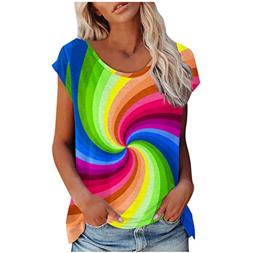 Bluse Damen Sommer Baumwolle Tshirt Kurzarm Rundhals Tops Bunte Regenbogenfarbene Shirts Frauen Y2K Oberteile Lässige Locker Pullover T-Shirt Teenager Mädchen Sportshirt Freizeit Tunika Outfits von Komiseup