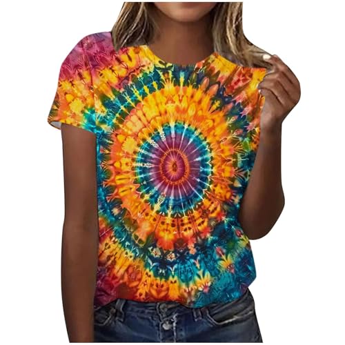 Bluse Damen Sommer Kurzarm T-Shirt V-Ausschnitt Loose Batik Shirt Tie-dye Einfarbig Casual Tiermuster Katzen Bedruckt Oberteile Tops Teenager Mädchen Frauen Tunika Tshirts Handgefärbtes Batik Design von Komiseup