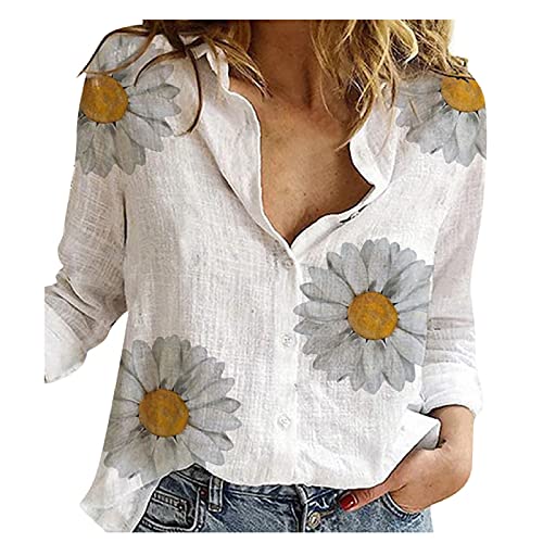 Bluse Leinen Langarmshirt Damen Hemd Weltkarten-Grafik Oberteile Knopf V-Ausschnitt Lose Casual Langarm T-Shirt Top Tunika Elegant Langarmshirt Herbst Basic Hemd Shirt Teen Madchen Blusen Longsleeve von Komiseup