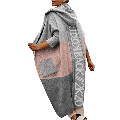 Buchstabendruck auf der Rückseite Lange Strickjacke mit Kapuze für Damen Mode Y2k Strick Mantel Open Jacken Color Block Cardigan Oberteil von Komiseup