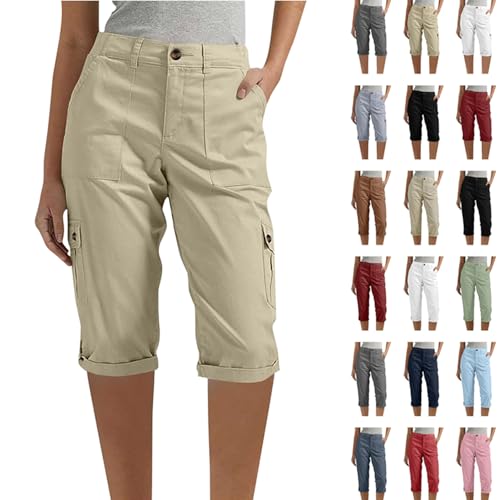 Cargohose Damen Sommer Knielang Cargo Shorts 3/4 Arbeitshose Einfarbig Caprihose Baumwolle Regular Fit Sommerhose Hohe Taille Freizeithose Elastisch Sporthose Jogginghose Frauen Stoffhose mit Tasche von Komiseup