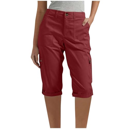 Cargohose Damen Sommer Knielang Cargo Shorts 3/4 Arbeitshose Einfarbig Caprihose Baumwolle Regular Fit Sommerhose Hohe Taille Freizeithose Elastisch Sporthose Jogginghose Frauen Stoffhose mit Tasche von Komiseup