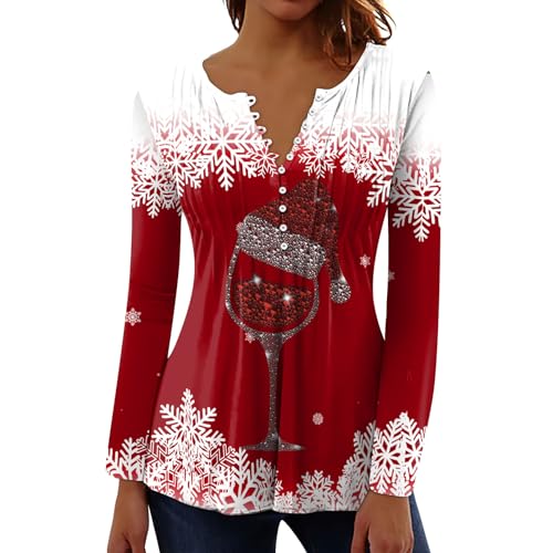 Christmas Tshirt Damen Rotweinglasdruck T-Shirt V-Ausschnitt Longshirt mit Knopfleiste Locker Langarm Weihnachtspullover Glitzernde Weihnachtsmotive Bluse Tops Große Größen Gutschein Angebote von Komiseup