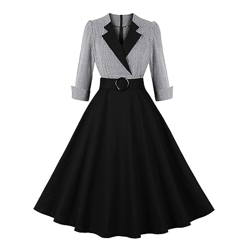 Cocktailkleid Damen Rockabilly Kleider Damen 50er Jahre Kleider Vintage Audrey Hepburn Kleider Festlich Abendkleid für Hochzeit V-Ausschnitt Partykleid mit Gürtel Elegant Ballkleider Petticoat Kleid von Komiseup