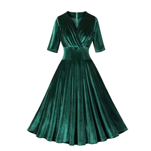 Cocktailkleid Damen Rockabilly Kleider Damen 50er Jahre Kleider Vintage Audrey Hepburn Kleider Festlich Abendkleid für Hochzeit V-Ausschnitt Partykleid mit Gürtel Elegant Ballkleider Petticoat Kleid von Komiseup