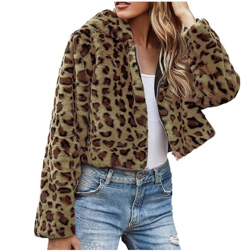 Crop Kunstfell Jacke Damen Sexy Leoparden Winterjacke Kunstpelz Übergangsjacke Warm Fleecejacke mit Kapuze Große Größen Felljacke Langarm Pelzmantel Zip Up Fellmantel Kapuzenjacke Pelzjacke Mantel von Komiseup