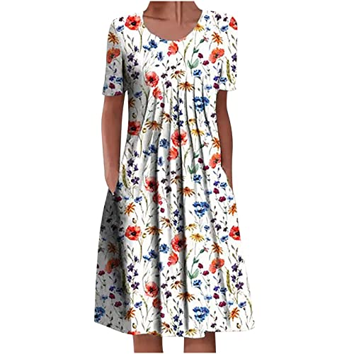 Komiseup Damen A-Linie Kleid Knielanges Kleid Kurzarm Blumendruck Gerüschter Druck Frühling Sommer Rundhals Freizeitkleid 2022 von Komiseup