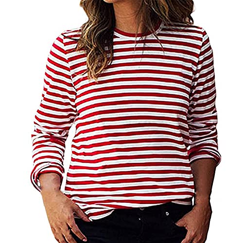 Damen Basic Gestreiftes Langarmshirt Damen Shirt Gestreiftes Langarm Rot Shirt Long Sleeve Leicht Basic mit Rundhals Mode Kleidung Langarmshirts Frauen von Komiseup