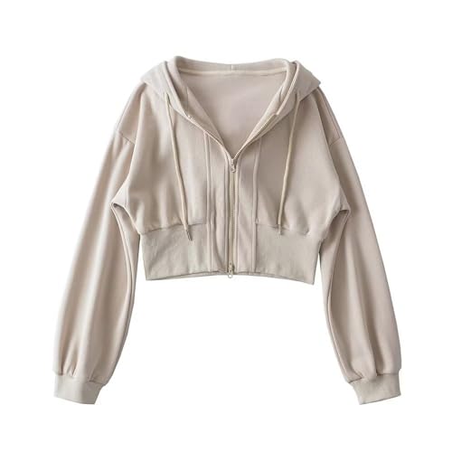 Damen Baumwolle Sweatjacke Teenager Mädchen Bauchfrei Kapuzenpullover Langarm Kurz Hoodie Sweatshirt Crop Pullover Tops Dicker Kapuzenjacke mit Kordel und Zip von Komiseup