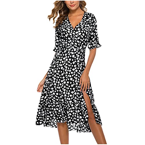 Damen Blumen Sommerkleid Kurzarm V-Ausschnitt Polka Dots Lose Kleid High Waist Midi Kleider Schlitz Knielanges Kleid Strandkleider Freizeitkleid von Komiseup