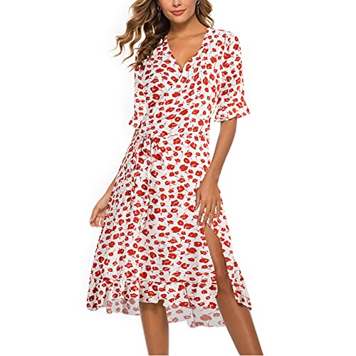 Damen Blumen Sommerkleid Kurzarm V-Ausschnitt Polka Dots Lose Kleid High Waist Midi Kleider Schlitz Knielanges Kleid Strandkleider Freizeitkleid von Komiseup