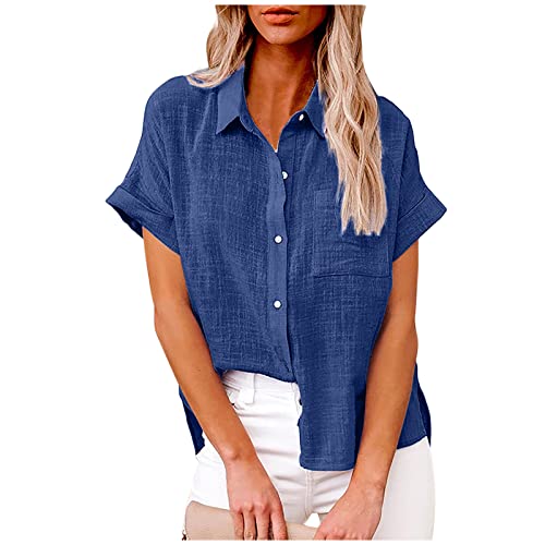 Damen Bluse Sommer Baumwolle Leinen Hemd Kurzarm Oberteile V-Ausschnitt Button-Down Blusen Elegant Einfarbige Blusenshirt Locker Casual Hemdbluse Basic Revers Shirts Tunika Frauen Knöpfe Leinenbluse von Komiseup