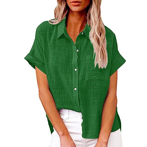 Damen Bluse Sommer Baumwolle Leinen Hemd Kurzarm Oberteile V-Ausschnitt Button-Down Blusen Elegant Einfarbige Blusenshirt Locker Casual Hemdbluse Basic Revers Shirts Tunika Frauen Knöpfe Leinenbluse von Komiseup