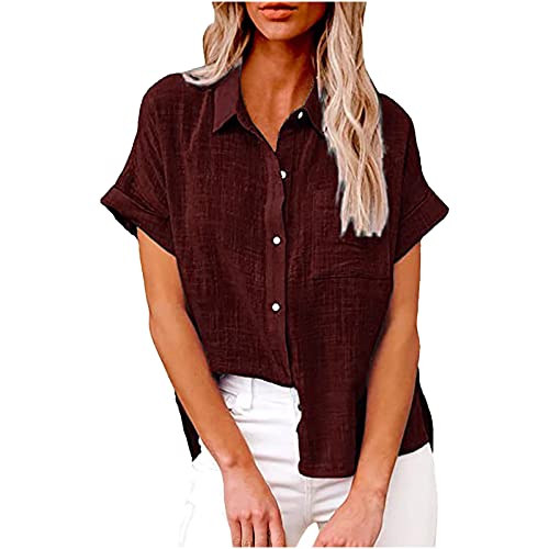 Damen Bluse Sommer Baumwolle Leinen Hemd Kurzarm Oberteile V-Ausschnitt Button-Down Blusen Elegant Einfarbige Blusenshirt Locker Casual Hemdbluse Basic Revers Shirts Tunika Frauen Knöpfe Leinenbluse von Komiseup