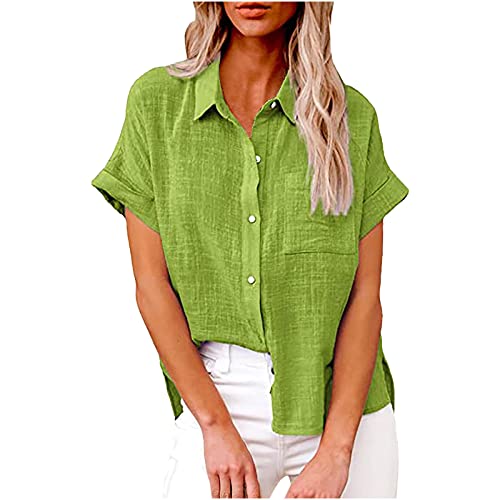 Damen Bluse Sommer Baumwolle Leinen Hemd Kurzarm Oberteile V-Ausschnitt Button-Down Blusen Elegant Einfarbige Blusenshirt Locker Casual Hemdbluse Basic Revers Shirts Tunika Frauen Knöpfe Leinenbluse von Komiseup