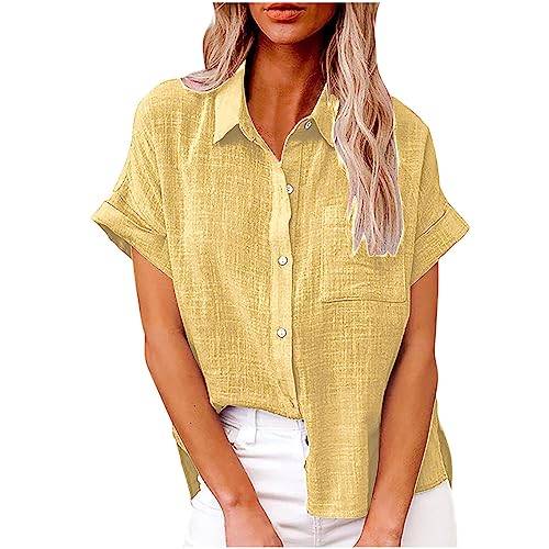 Damen Bluse Sommer Baumwolle Leinen Hemd Kurzarm Oberteile V-Ausschnitt Button-Down Blusen Elegant Einfarbige Blusenshirt Locker Casual Hemdbluse Basic Revers Shirts Tunika Frauen Knöpfe Leinenbluse von Komiseup