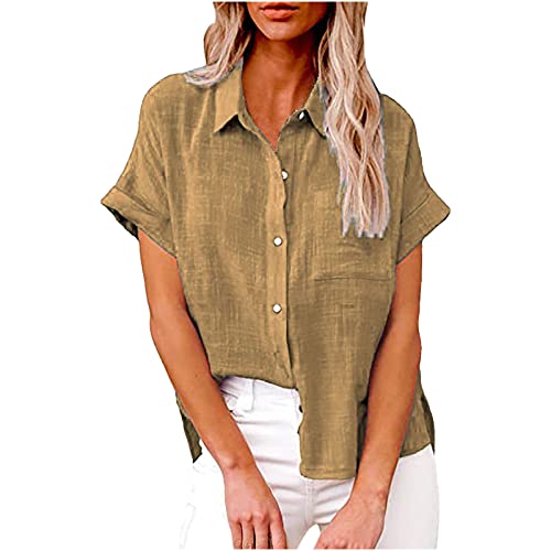 Damen Bluse Sommer Baumwolle Leinen Hemd Kurzarm Oberteile V-Ausschnitt Button-Down Blusen Elegant Einfarbige Blusenshirt Locker Casual Hemdbluse Basic Revers Shirts Tunika Frauen Knöpfe Leinenbluse von Komiseup