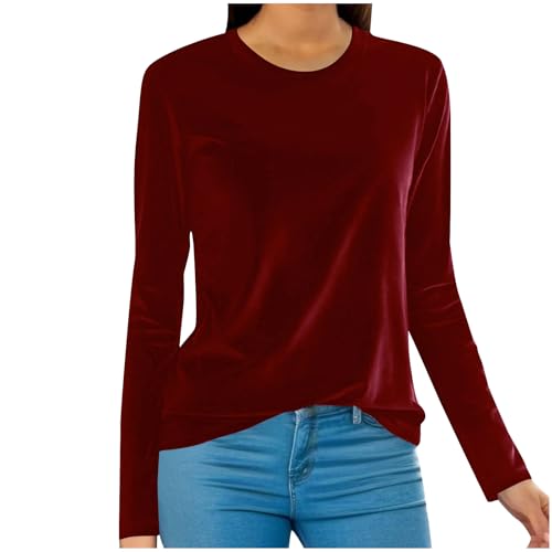Damen Gold Samt Oberteile Elegant Einfarbige Langarmshirt Basic Shirt Winter Warm Sweatshirt Tunika Tops Bequeme Weiche Bluse Frühling Rundhals Pullover Langarm Longshirt Festliche Blusenshirt von Komiseup