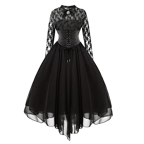 Damen Gothic Style Sexy Bankett Festival Kleid Spitze Vintage Kleid Chiffon Langarm Kleid von Komiseup