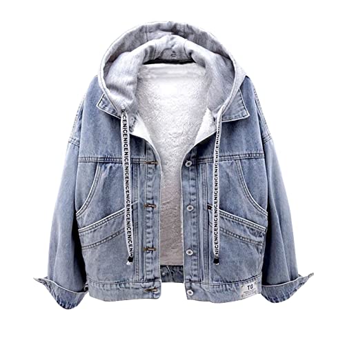 Damen Jeansjacke mit Kapuze Winter Warme Gefütterte Kaschmir Übergangsjacke Fleecejacke Zip Hoodie Urban Style Denim Mantel Jacke Langarm Sweatjacke Lose Outdoorjacke Winterjacke von Komiseup