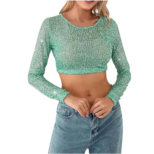 Damen Pailletten Tops Glitzer Party Club Pullover Langarm Rundhal Crop Top Sexy Enge Oberteils mit Nabelschau Glänzend Cropped Tees Y2K Bauchfrei Outfits Sparkle Streetwear für Teenager Mädchen von Komiseup