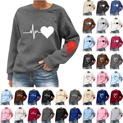 Damen Pullover Oversize Rundhals Sweatshirt ohne Kapuze Basic Einfarbig Longshirt Liebesprint Langarmshirt für Teenager Mädchen Lose Casual Sportshirt Herbst Winter Fleecepullover Große Größen Pulli von Komiseup