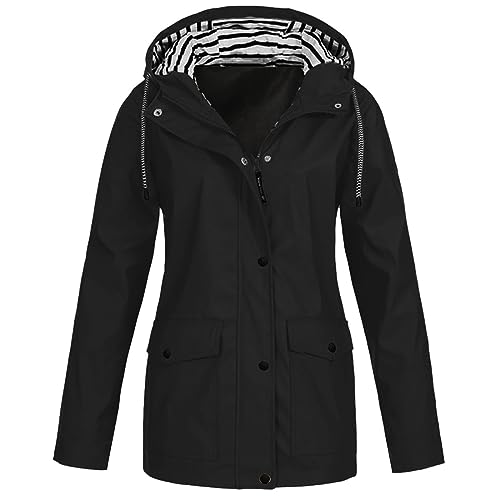 Damen Regenjacke Lange Windbreaker Wasserdicht Regenmantel mit Kapuze Winddicht Wetterfest Übergangsjacke für Frühling Sommer und Herbst Fleece Winterjacke Fahrradjacke Regenponcho Fleecejacke S-5XL von Komiseup