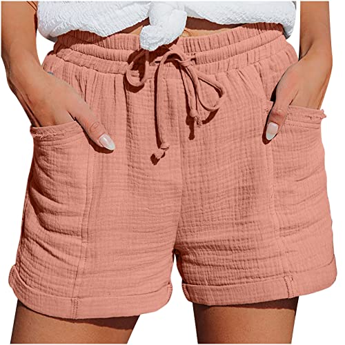 Damen Shorts Sommer Sporthose Gerades Bein Leinen Sweatshorts mit Taschen Kurze Gummiband Strandhose Elegant Einfarbige Musselin Leinenhose Lässige Leichte Leinenshort Locker Hoher Taille Sportshorts von Komiseup