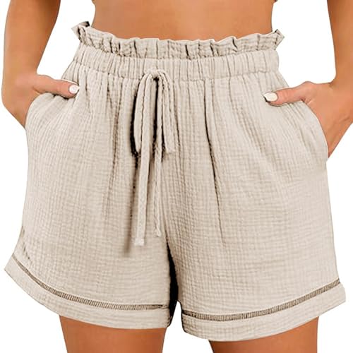 Damen Shorts Sommer Sporthose Gerades Bein Leinen Sweatshorts mit Taschen Kurze Gummiband Strandhose Elegant Einfarbige Musselin Leinenhose Lässige Leichte Leinenshort Locker Hoher Taille Sportshorts von Komiseup