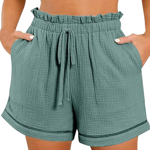 Damen Shorts Sommer Sporthose Gerades Bein Leinen Sweatshorts mit Taschen Kurze Gummiband Strandhose Elegant Einfarbige Musselin Leinenhose Lässige Leichte Leinenshort Locker Hoher Taille Sportshorts von Komiseup